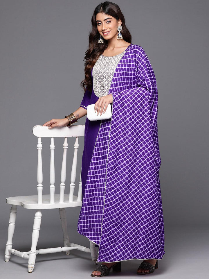 Purple Yoke Design Silk Blend Straight Kurta With Trousers & Dupatta - Libas