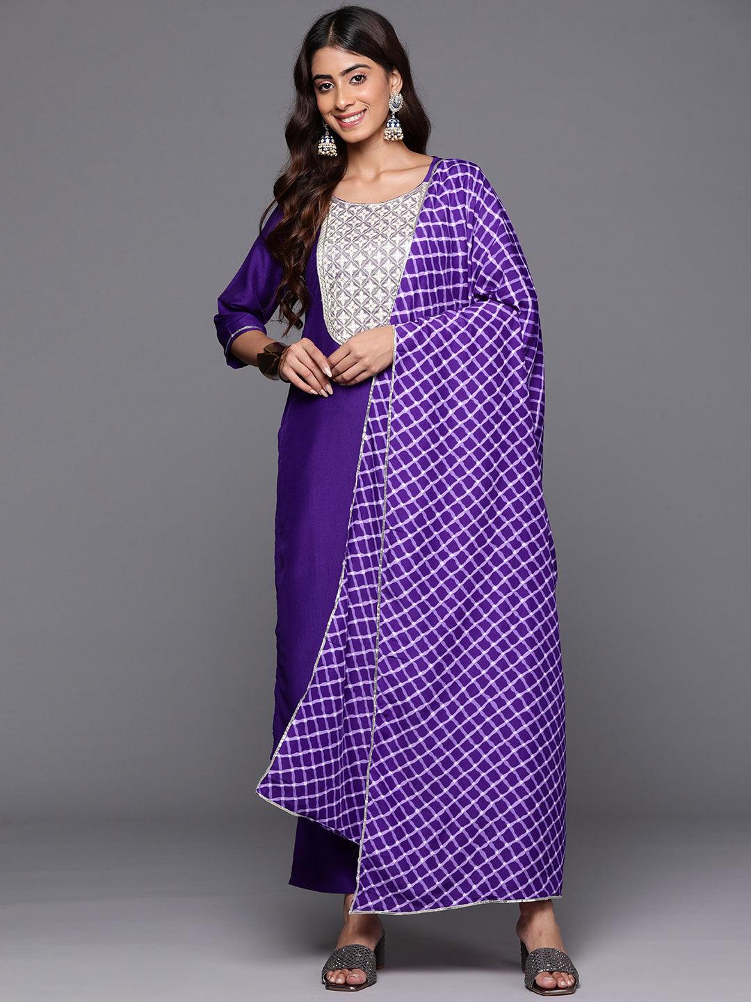 Purple Yoke Design Silk Blend Straight Kurta With Trousers & Dupatta - Libas