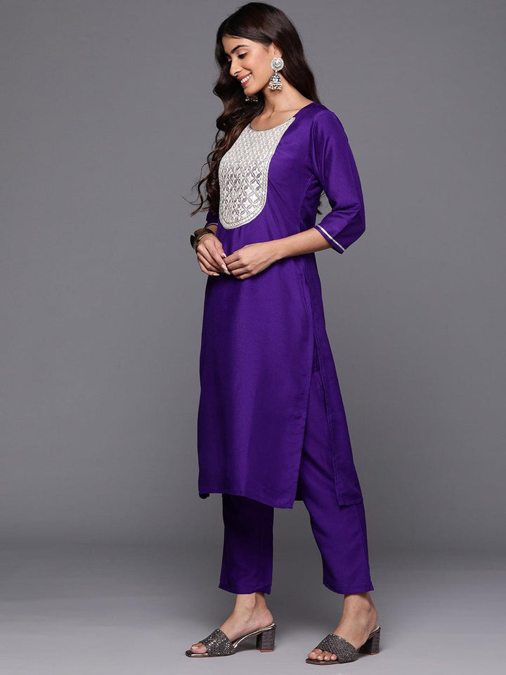 Purple Yoke Design Silk Blend Straight Kurta With Trousers & Dupatta - Libas