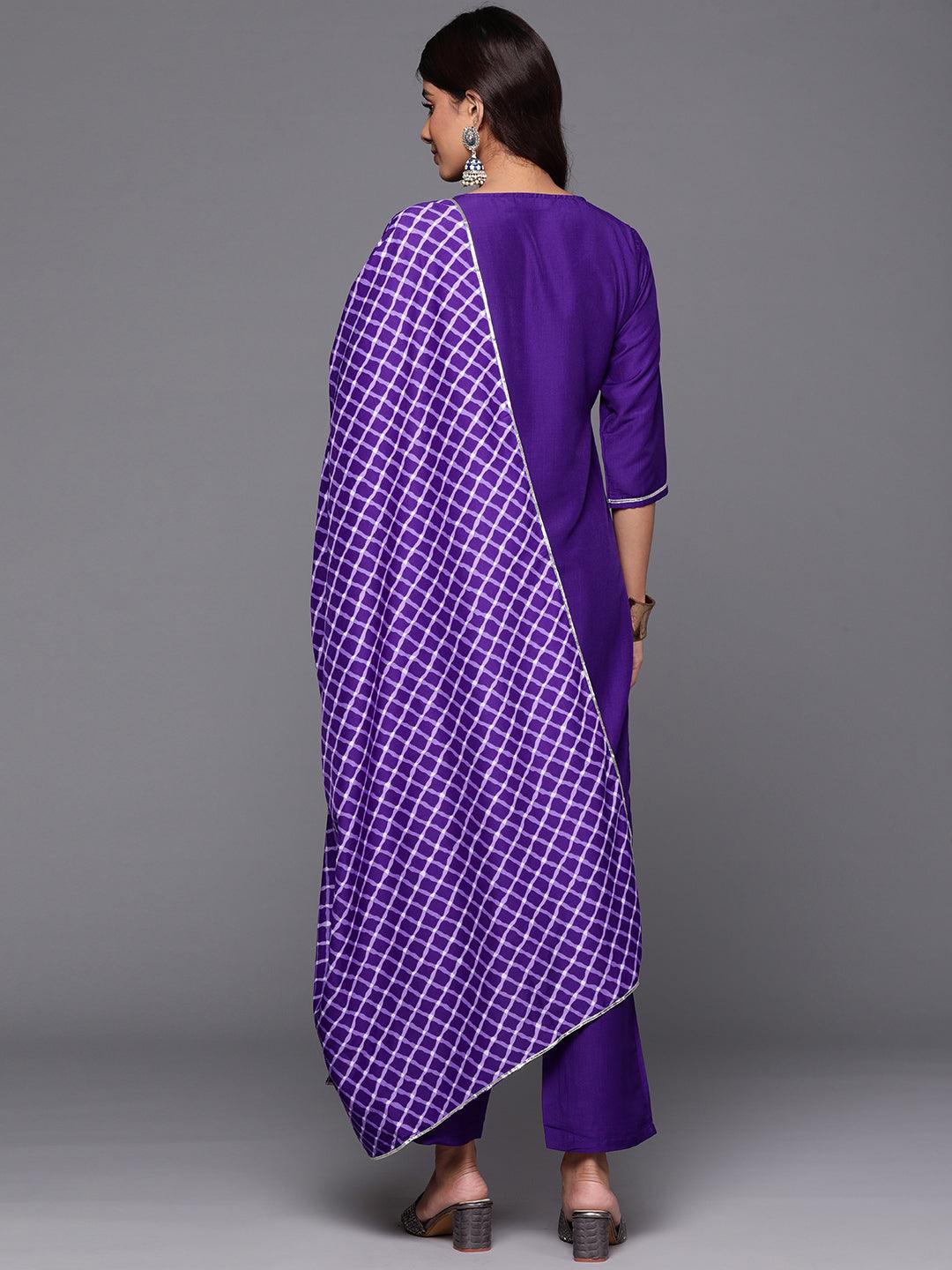 Purple Yoke Design Silk Blend Straight Kurta With Trousers & Dupatta - Libas