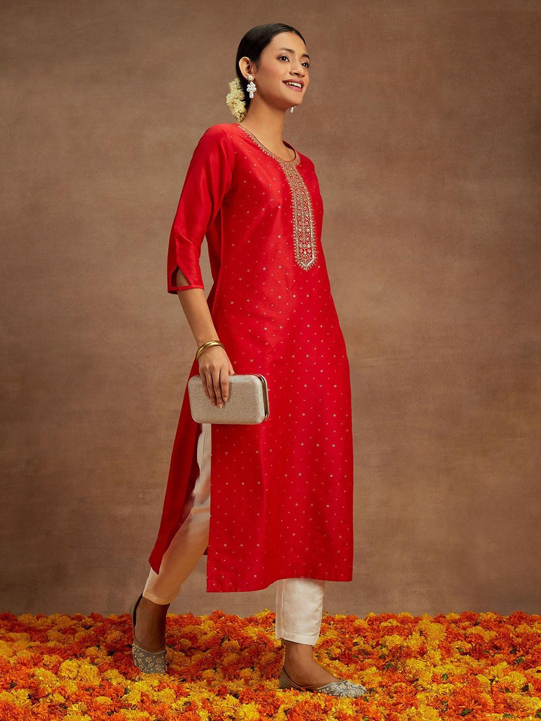 Red Embellished Silk Straight Kurta - Libas 