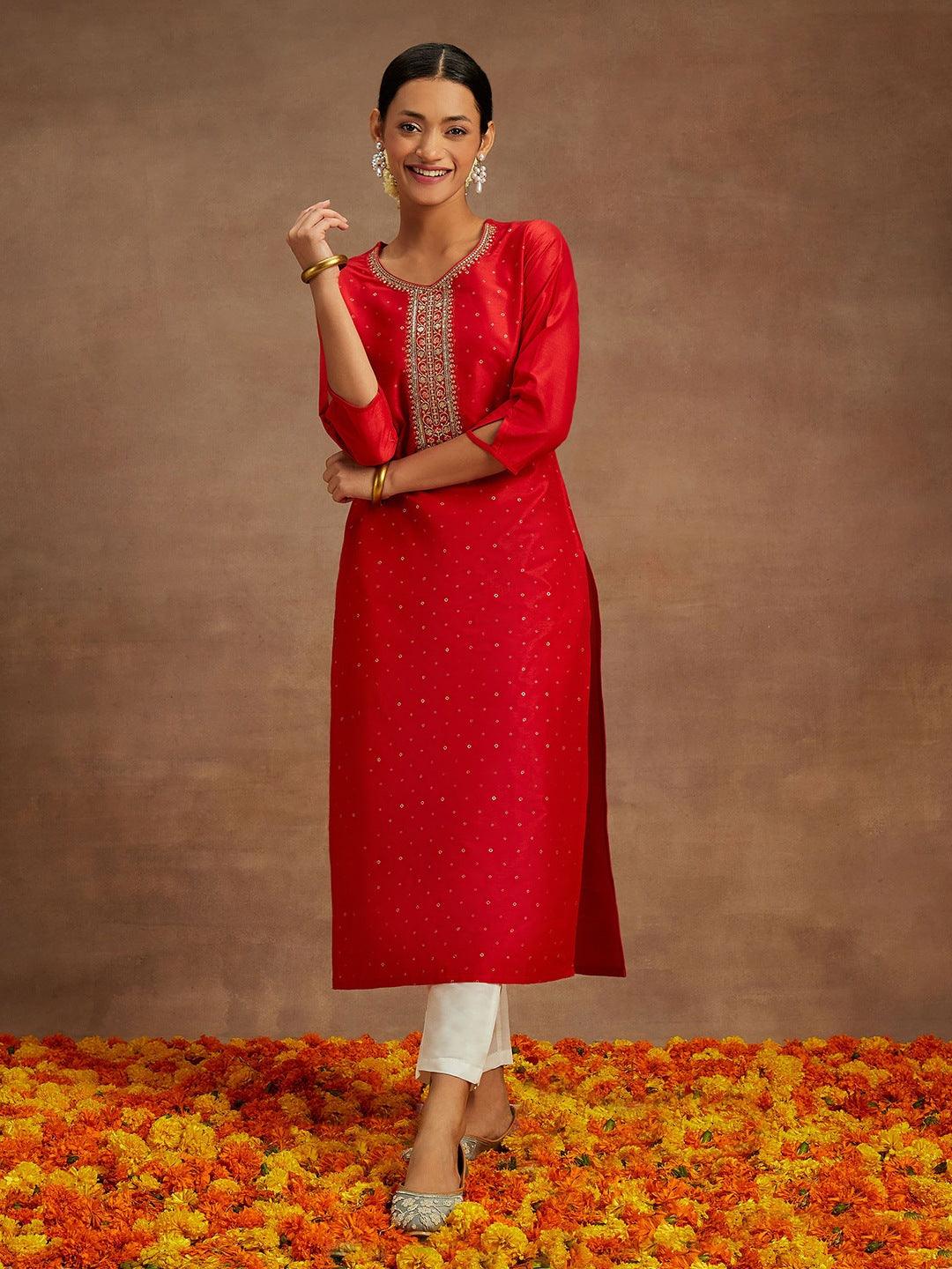 Red Embellished Silk Straight Kurta - Libas