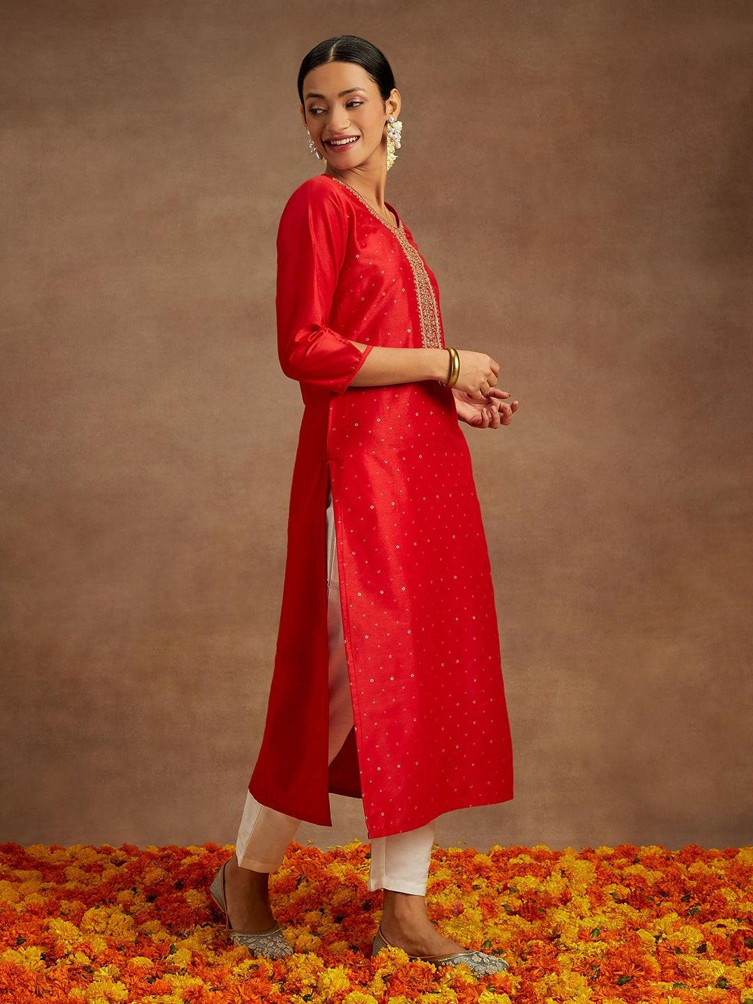 Red Embellished Silk Straight Kurta - Libas 