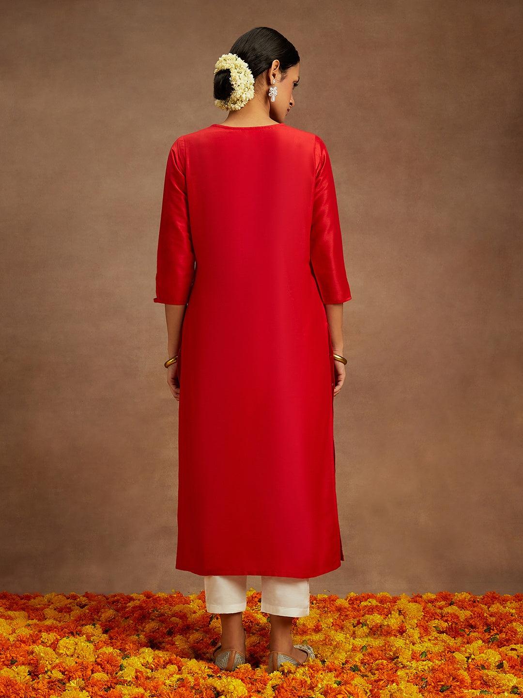 Red Embellished Silk Straight Kurta - Libas