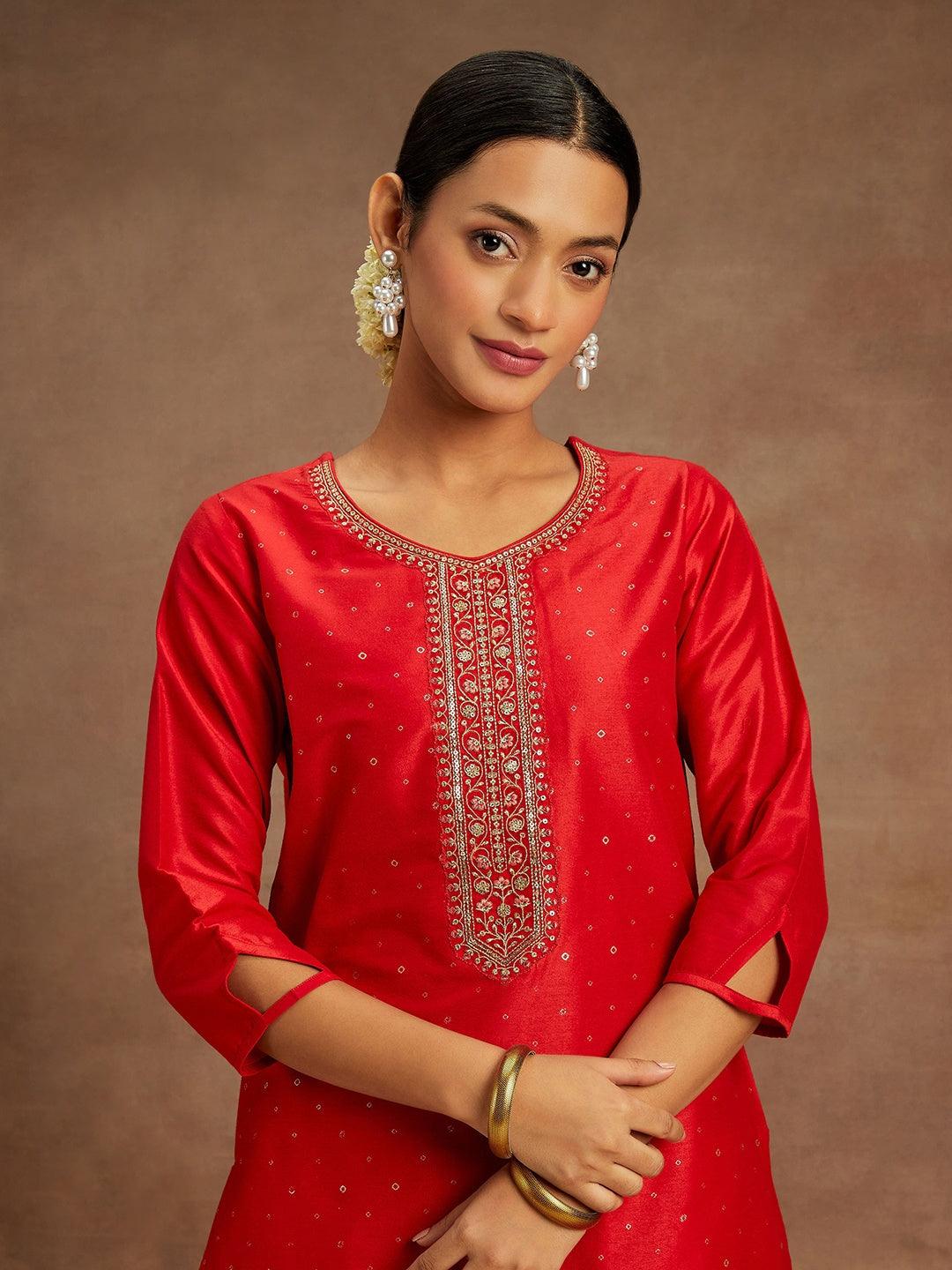 Red Embellished Silk Straight Kurta - Libas 