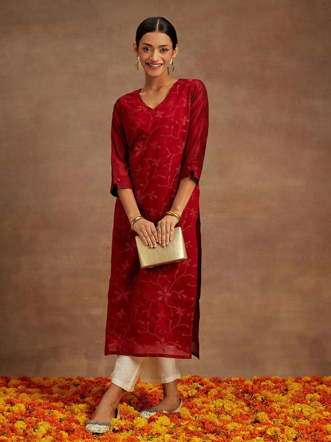 Red Embroidered Chanderi Silk Straight Kurta - Libas 