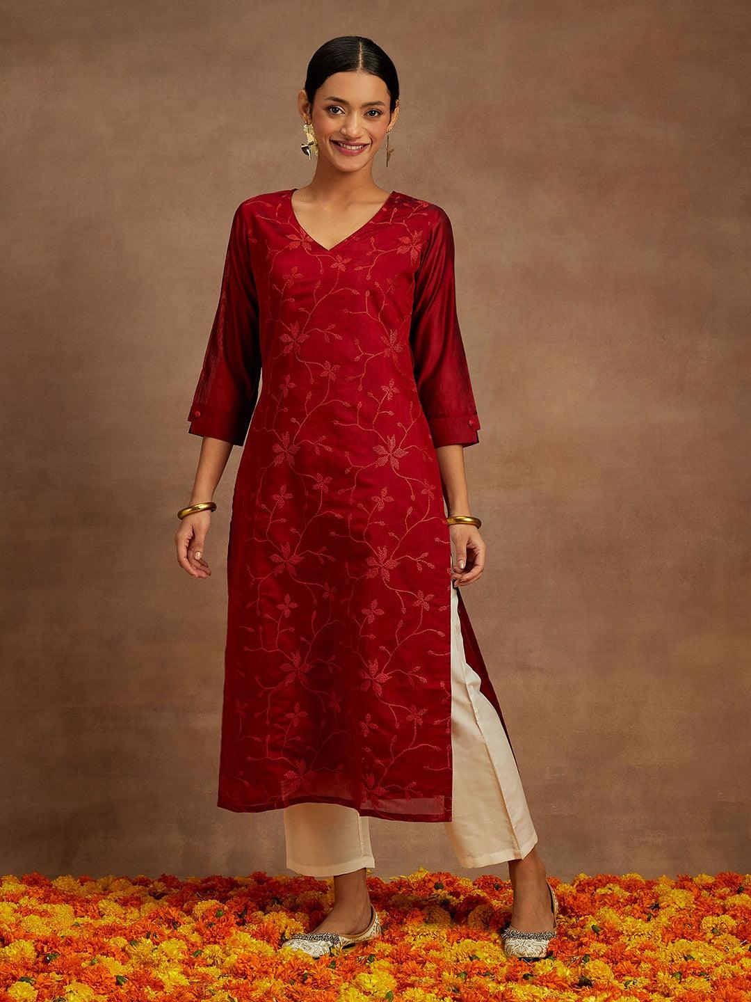 Red Embroidered Chanderi Silk Straight Kurta - Libas 