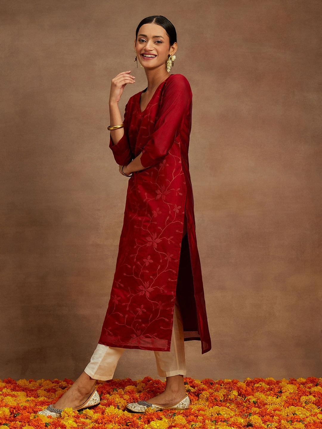 Red Embroidered Chanderi Silk Straight Kurta - Libas 