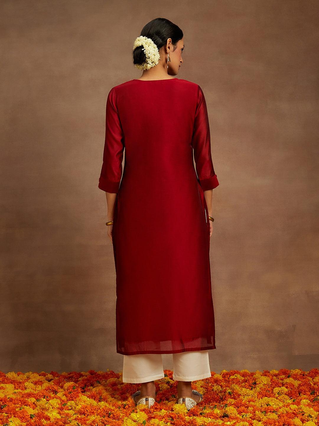 Red Embroidered Chanderi Silk Straight Kurta - Libas 