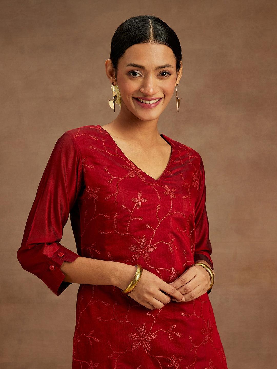 Red Embroidered Chanderi Silk Straight Kurta - Libas