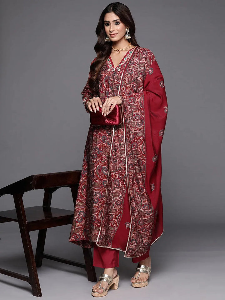 Red Printed Silk Blend A-Line Kurta With Trousers & Dupatta - Libas