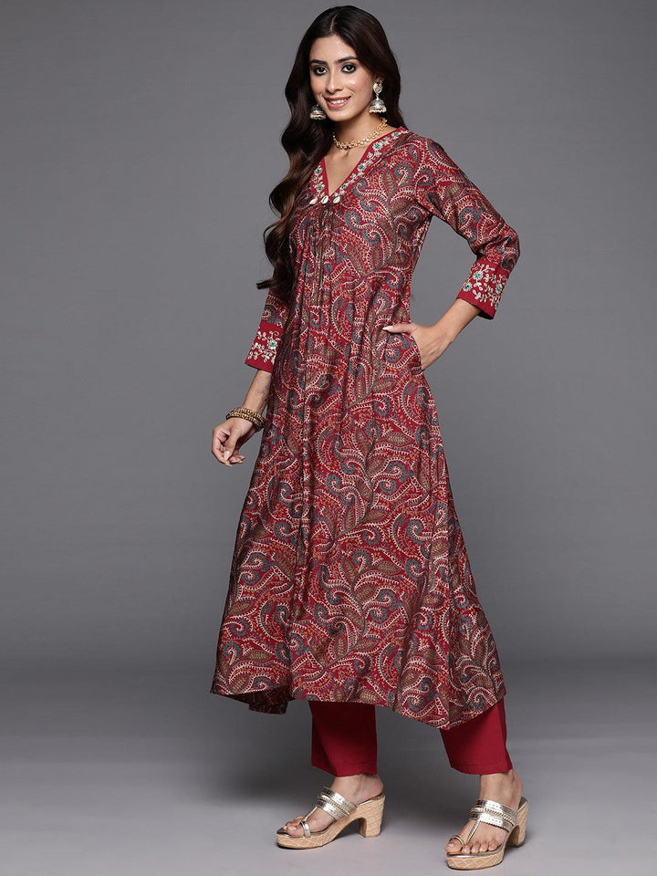 Red Printed Silk Blend A-Line Kurta With Trousers & Dupatta - Libas