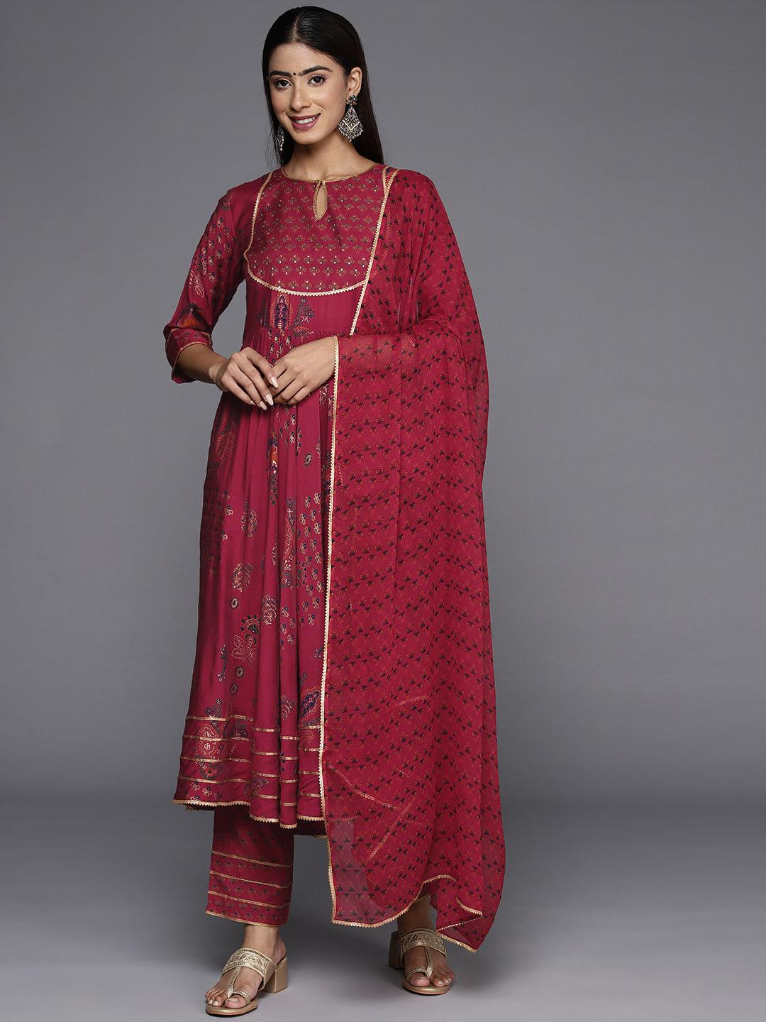 Red Printed Silk Blend Anarkali Kurta With Trousers & Dupatta - Libas