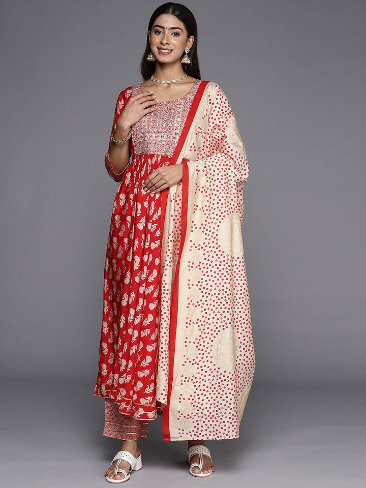 Red Printed Silk Blend Anarkali Kurta With Trousers & Dupatta - Libas