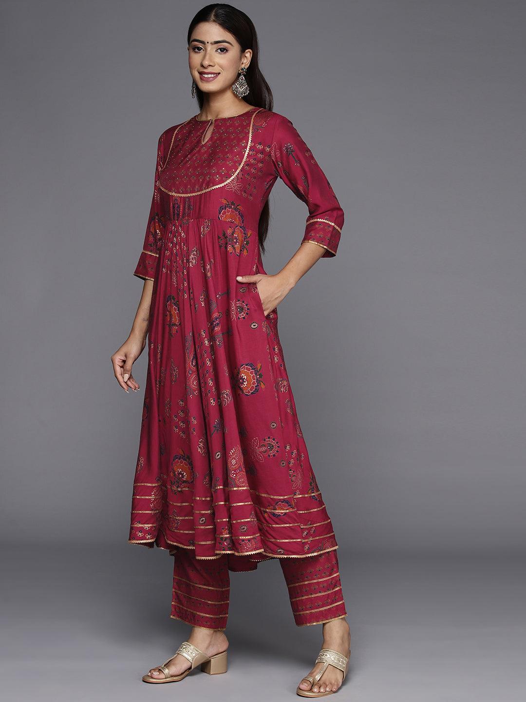 Red Printed Silk Blend Anarkali Kurta With Trousers & Dupatta - Libas 