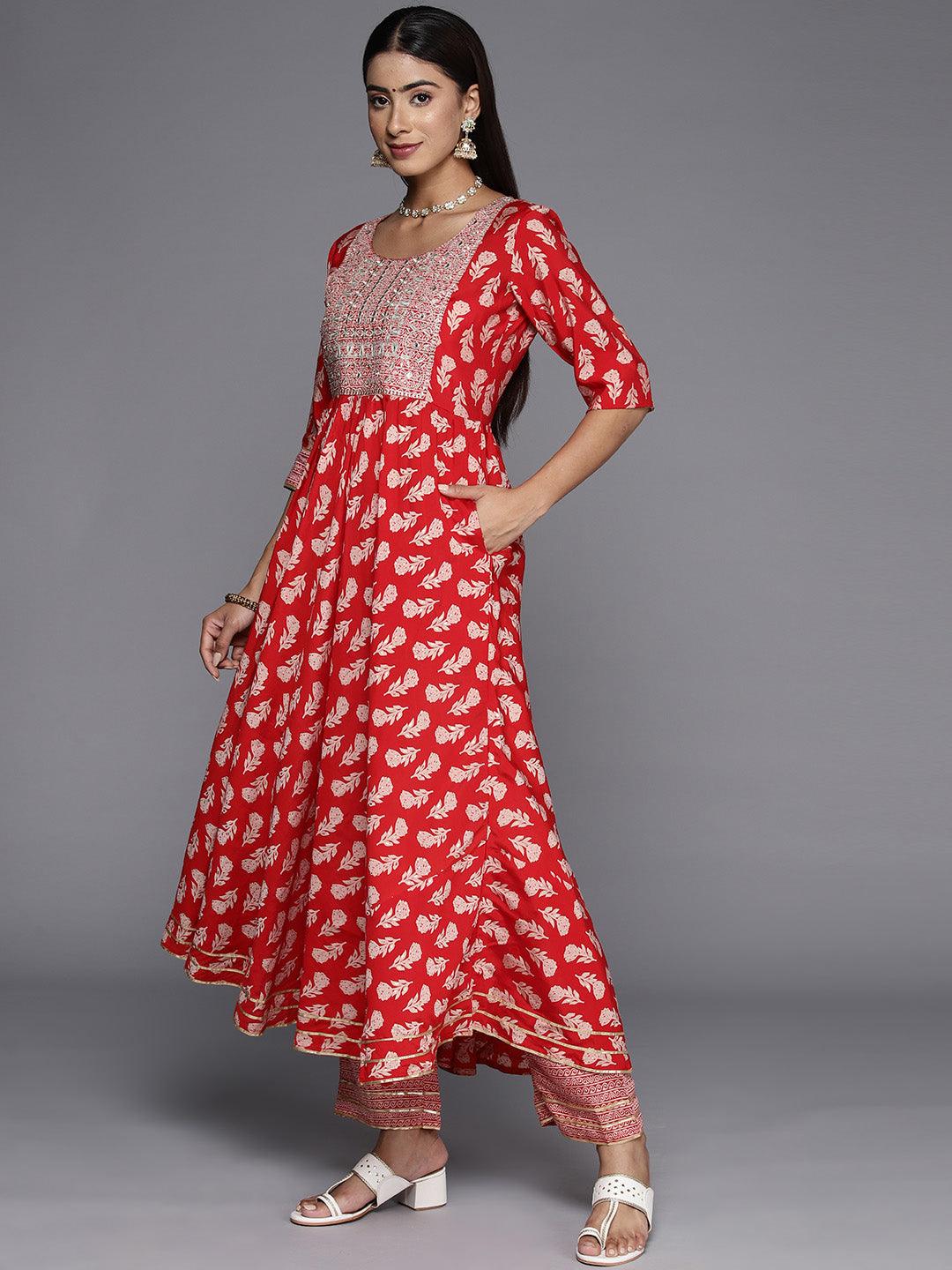 Red Printed Silk Blend Anarkali Kurta With Trousers & Dupatta - Libas 