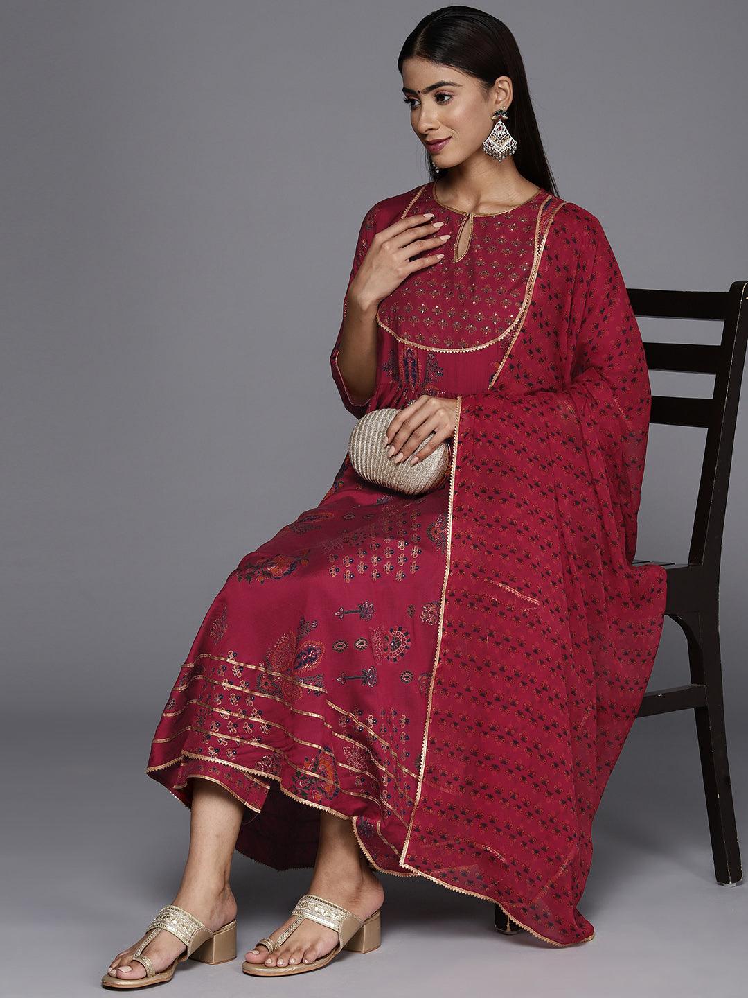 Red Printed Silk Blend Anarkali Kurta With Trousers & Dupatta - Libas 