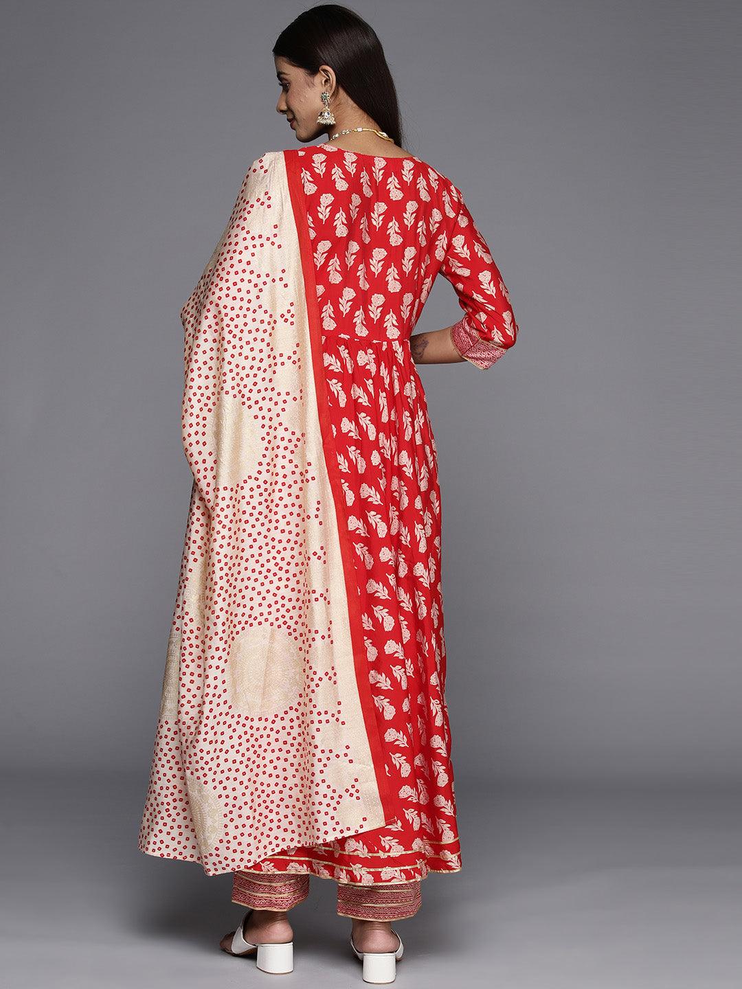 Red Printed Silk Blend Anarkali Kurta With Trousers & Dupatta - Libas 