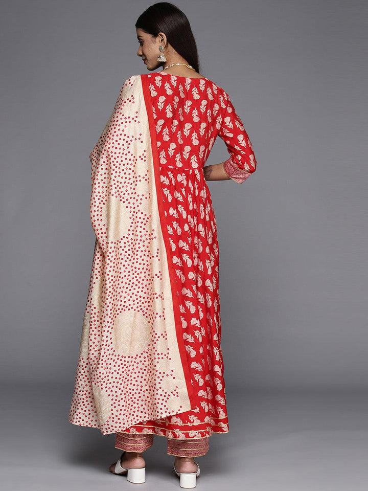 Red Printed Silk Blend Anarkali Kurta With Trousers & Dupatta - Libas