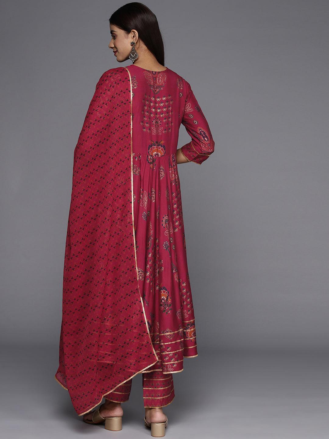 Red Printed Silk Blend Anarkali Kurta With Trousers & Dupatta - Libas 