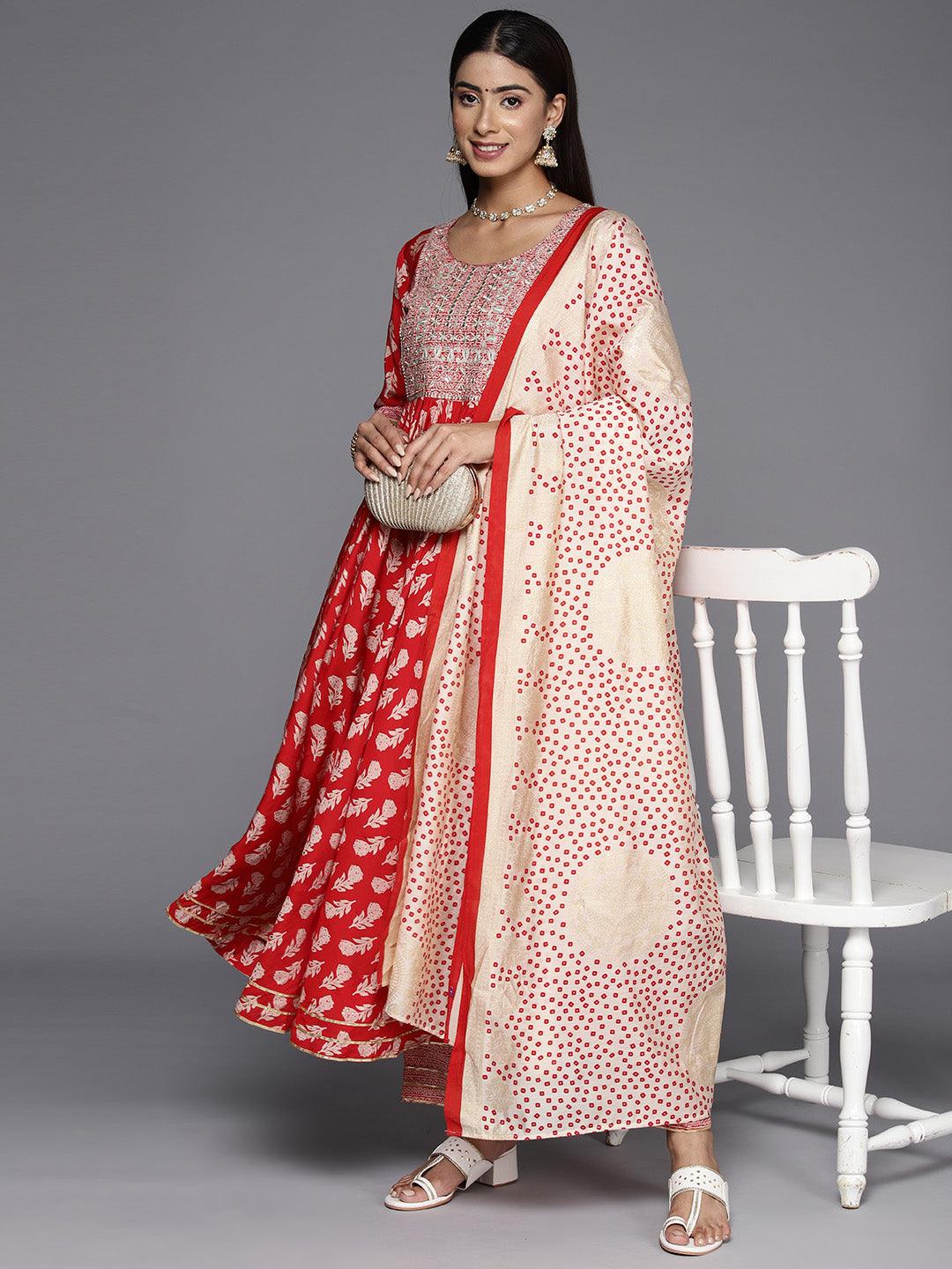 Red Printed Silk Blend Anarkali Kurta With Trousers & Dupatta - Libas 