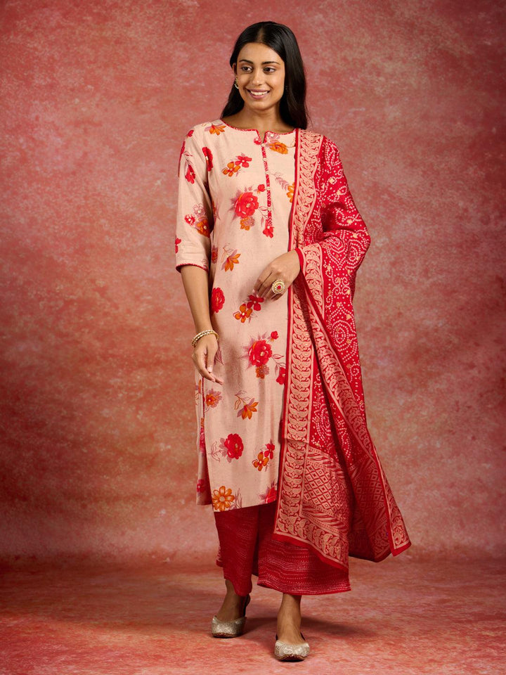 Red Printed Silk Blend Straight Kurta With Palazzos & Dupatta - Libas