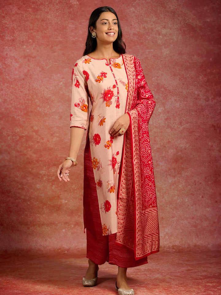 Red Printed Silk Blend Straight Kurta With Palazzos & Dupatta - Libas