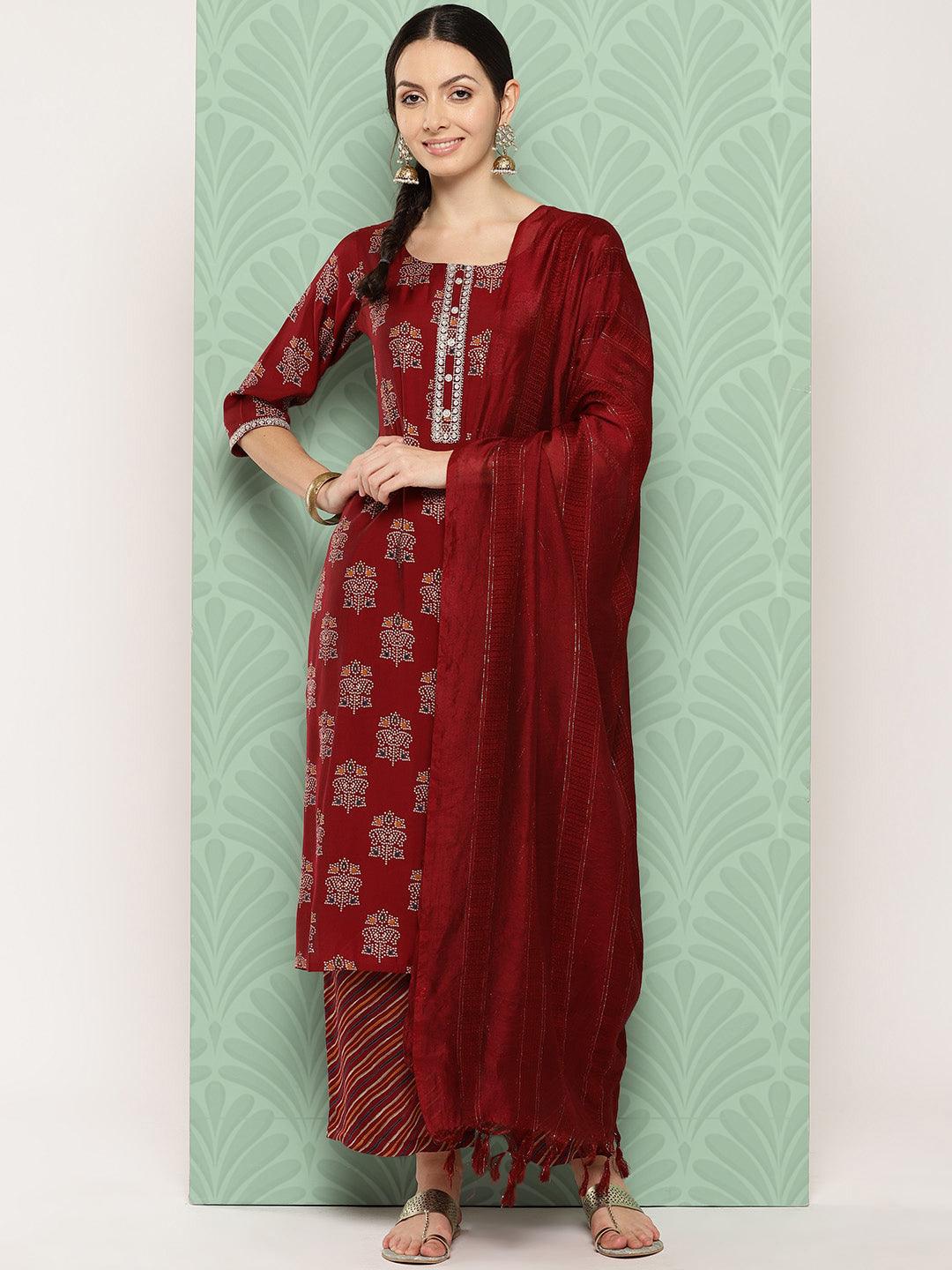 Red Printed Silk Blend Straight Kurta With Palazzos & Dupatta - Libas