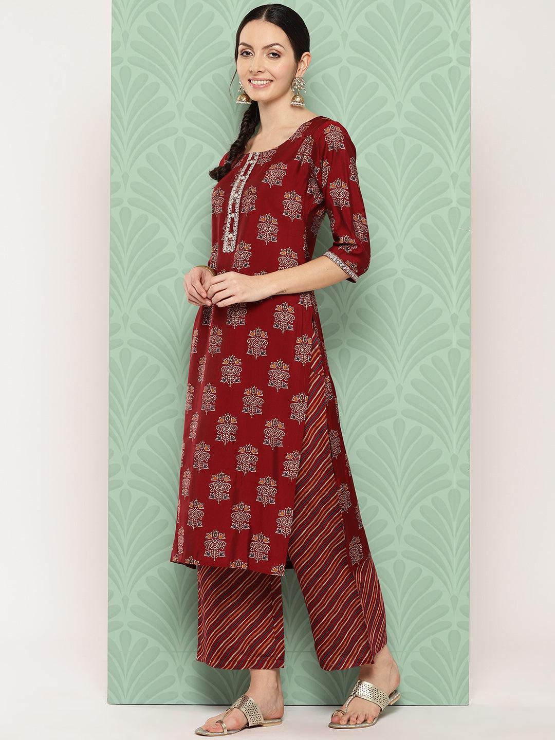 Red Printed Silk Blend Straight Kurta With Palazzos & Dupatta - Libas