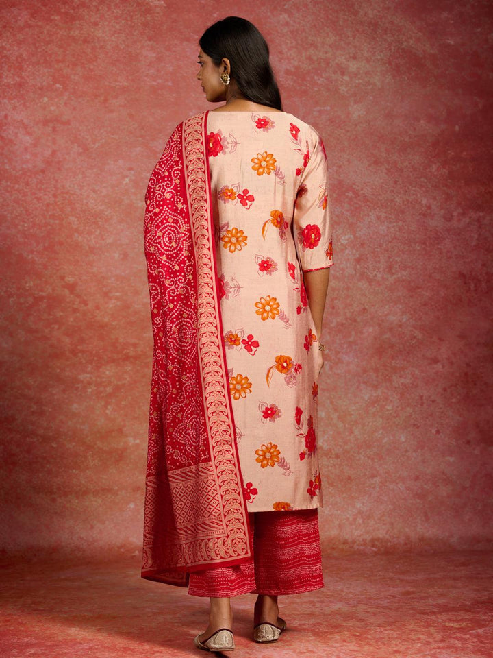 Red Printed Silk Blend Straight Kurta With Palazzos & Dupatta - Libas