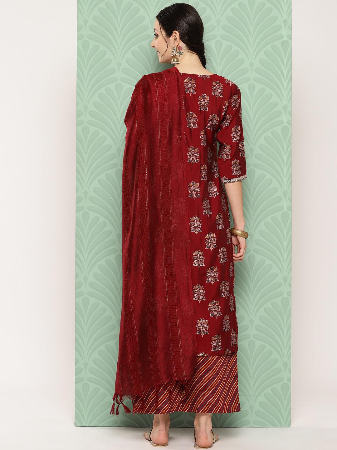 Red Printed Silk Blend Straight Kurta With Palazzos & Dupatta - Libas