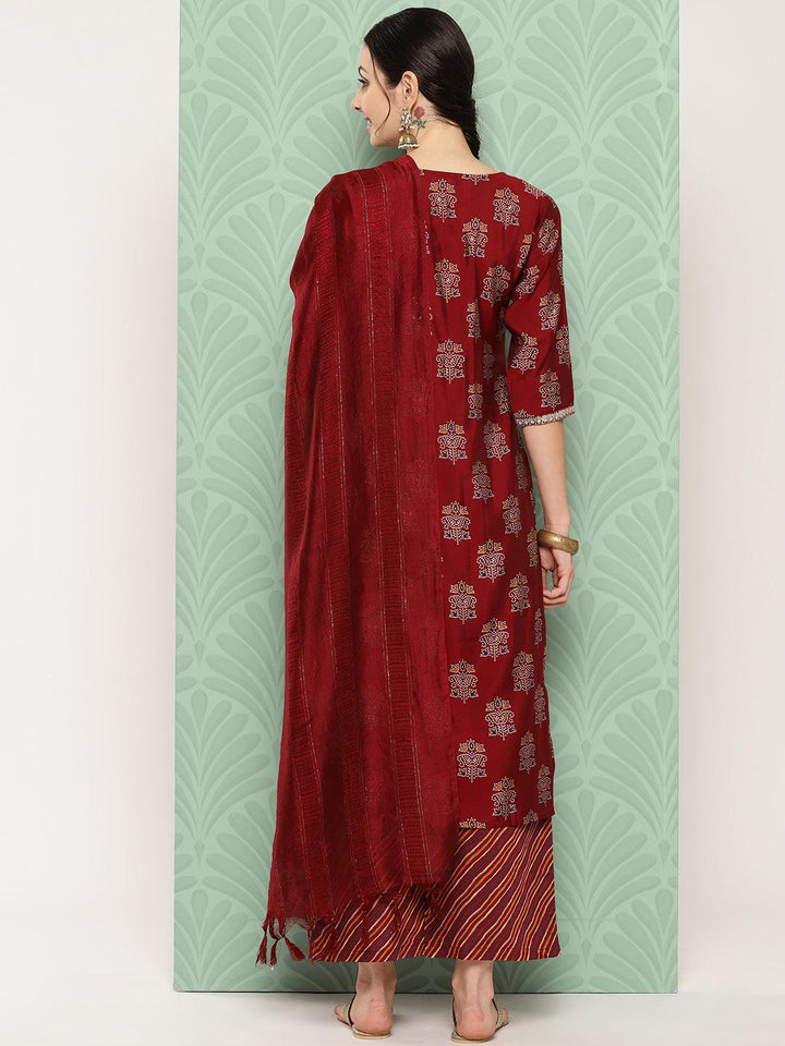 Red Printed Silk Blend Straight Kurta With Palazzos & Dupatta - Libas