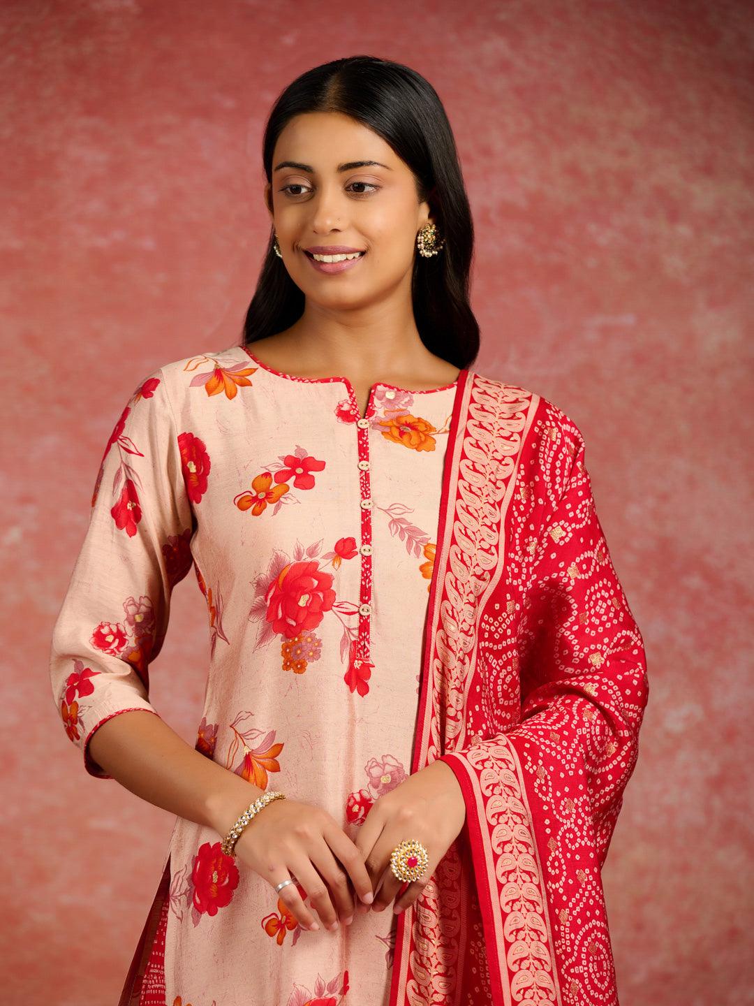 Red Printed Silk Blend Straight Kurta With Palazzos & Dupatta - Libas