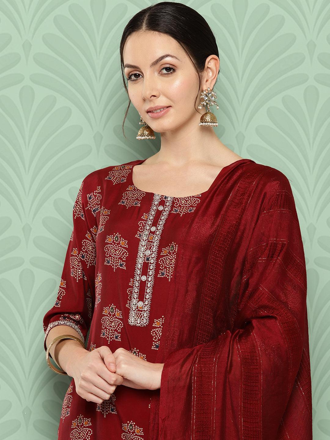 Red Printed Silk Blend Straight Kurta With Palazzos & Dupatta - Libas