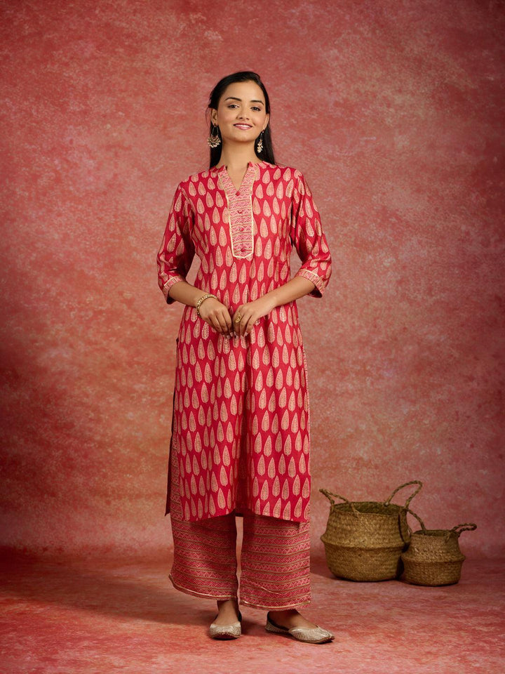 Red Printed Silk Blend Straight Kurta With Palazzos - Libas