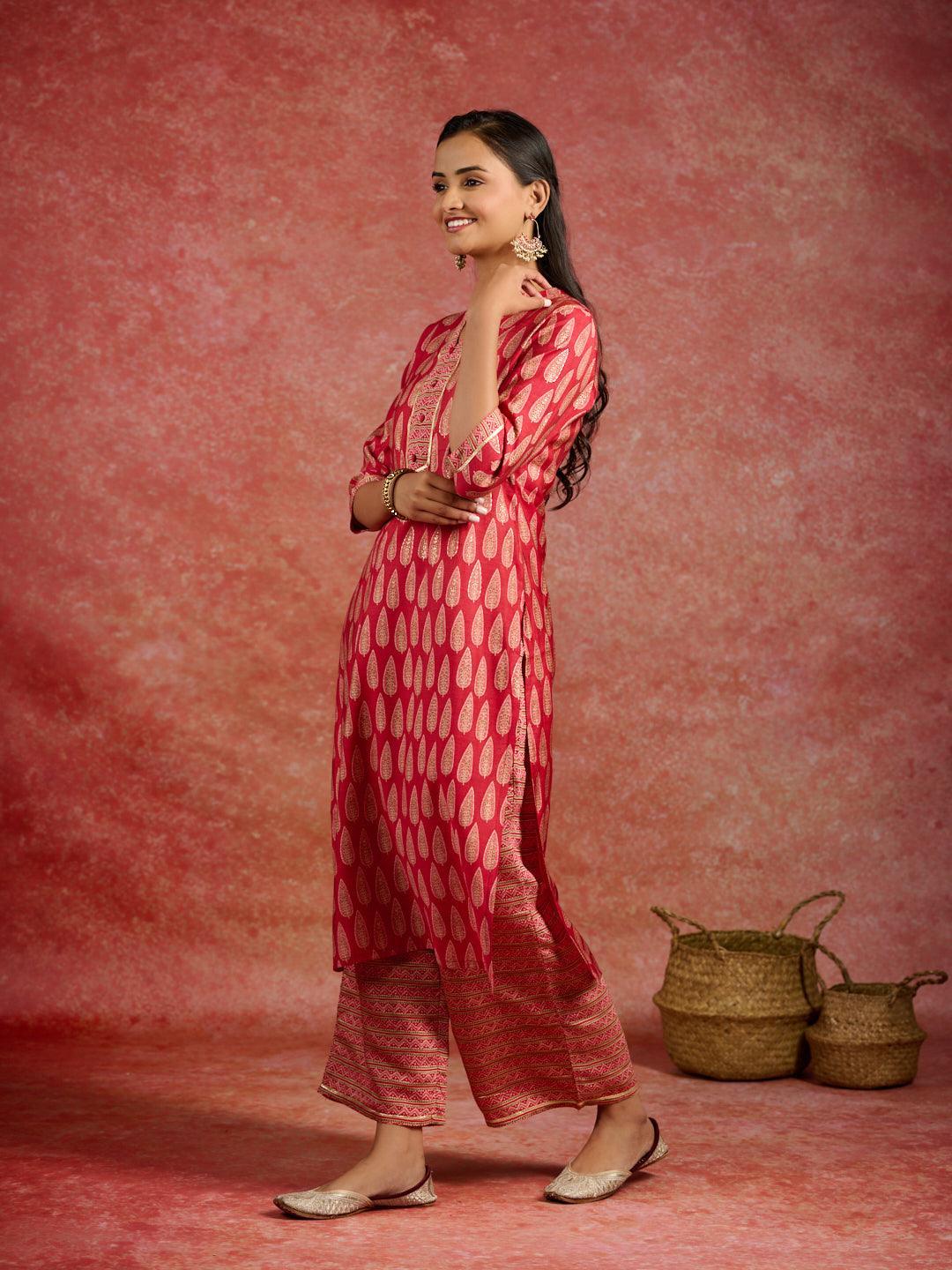 Red Printed Silk Blend Straight Kurta With Palazzos - Libas 