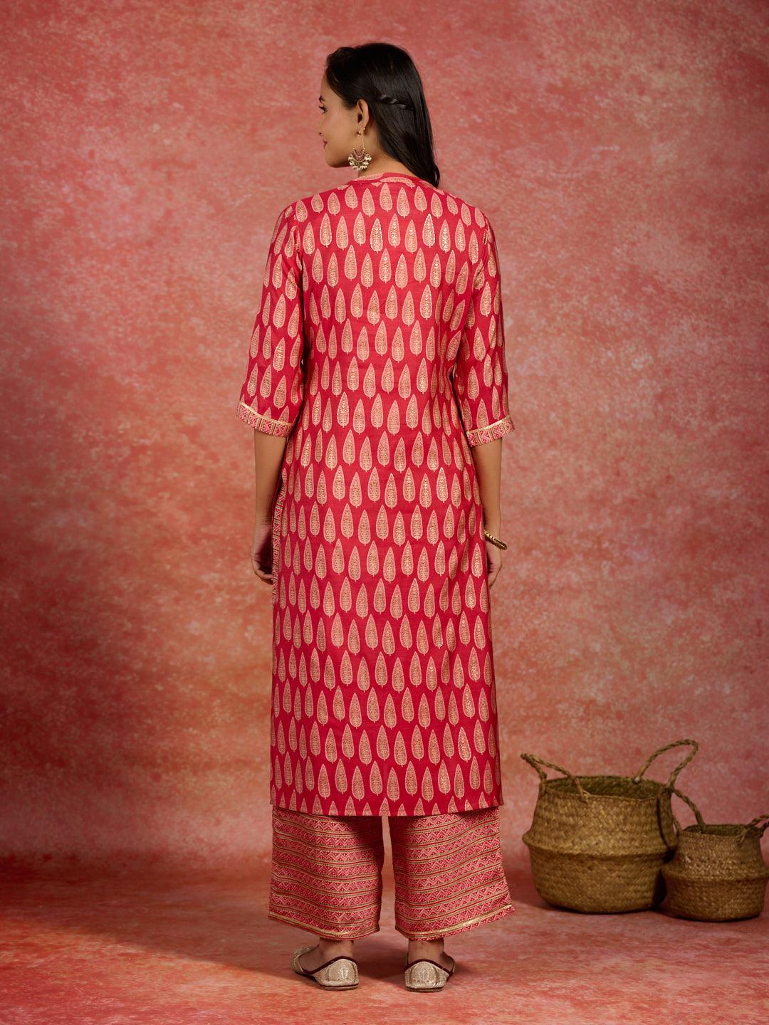 Red Printed Silk Blend Straight Kurta With Palazzos - Libas