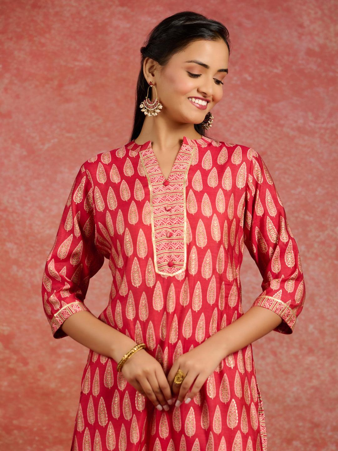 Red Printed Silk Blend Straight Kurta With Palazzos - Libas