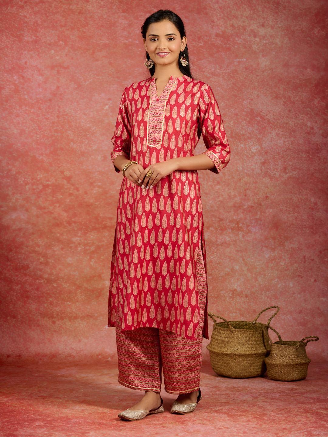 Red Printed Silk Blend Straight Kurta With Palazzos - Libas