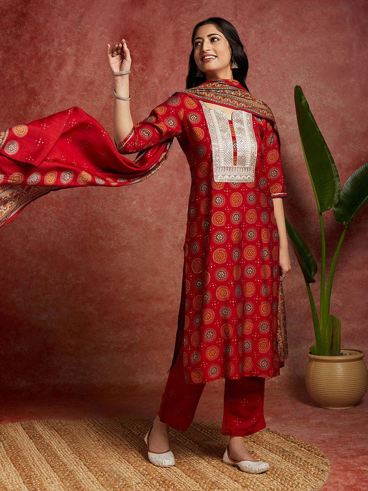 Red Printed Silk Blend Straight Kurta With Trousers & Dupatta - Libas