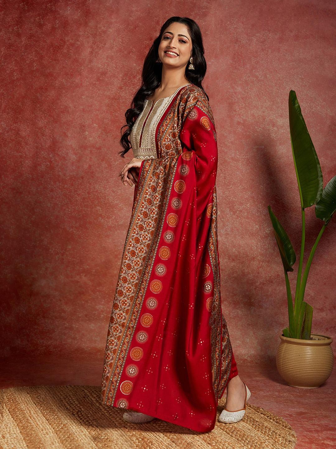 Red Printed Silk Blend Straight Kurta With Trousers & Dupatta - Libas 