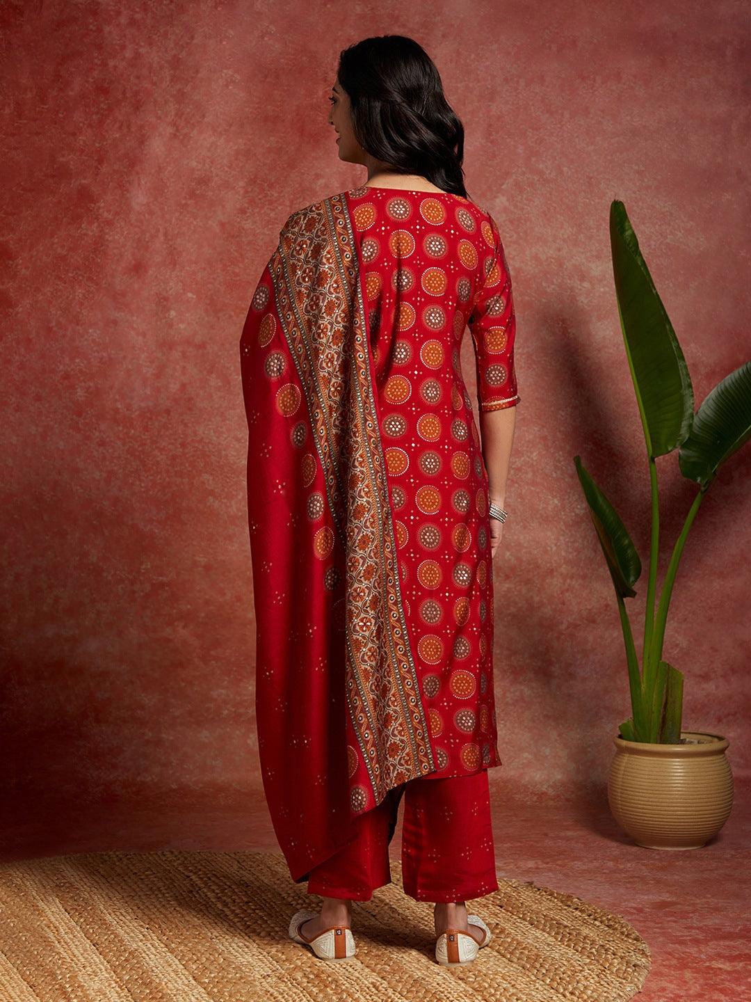 Red Printed Silk Blend Straight Kurta With Trousers & Dupatta - Libas 