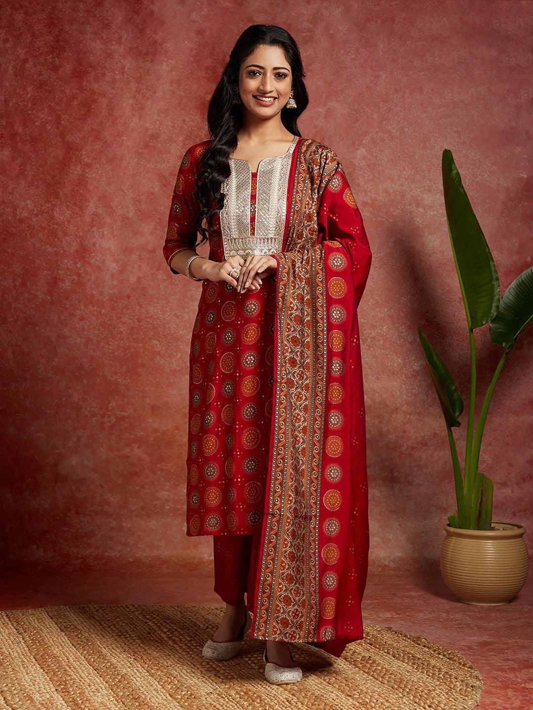 Red Printed Silk Blend Straight Kurta With Trousers & Dupatta - Libas 