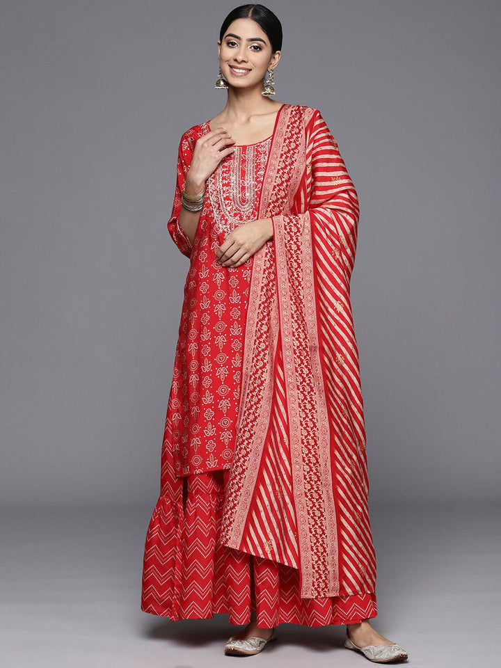 Red Yoke Design Silk Blend Straight Kurta With Skirt & Dupatta - Libas