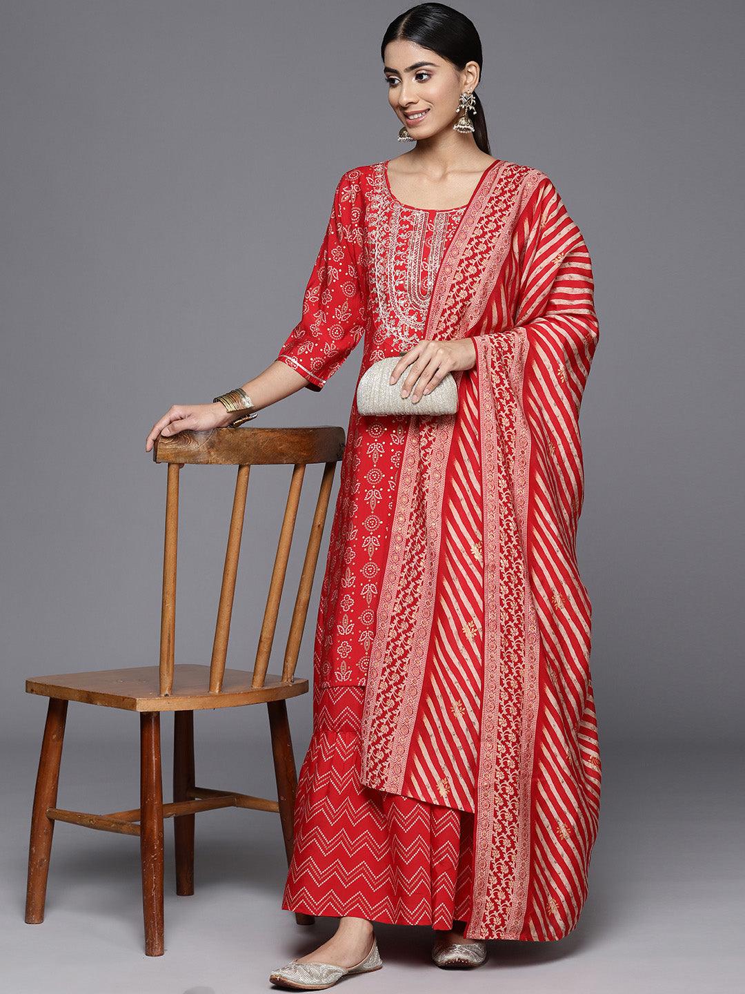 Red Yoke Design Silk Blend Straight Kurta With Skirt & Dupatta - Libas 