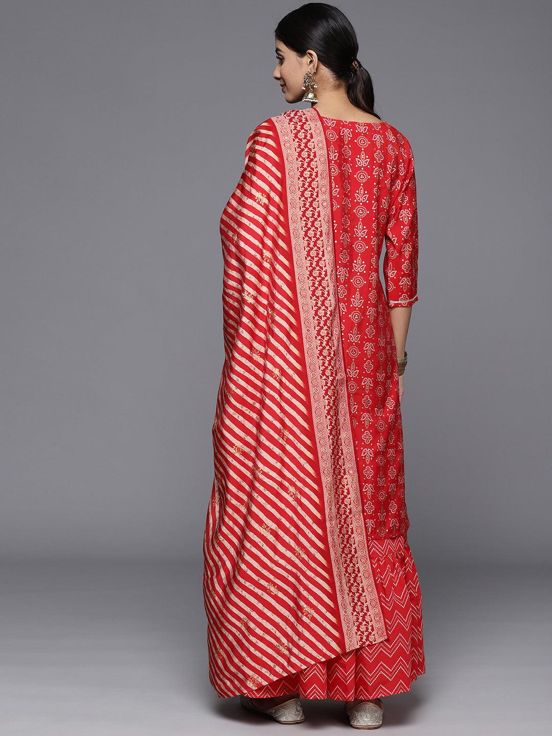 Red Yoke Design Silk Blend Straight Kurta With Skirt & Dupatta - Libas 