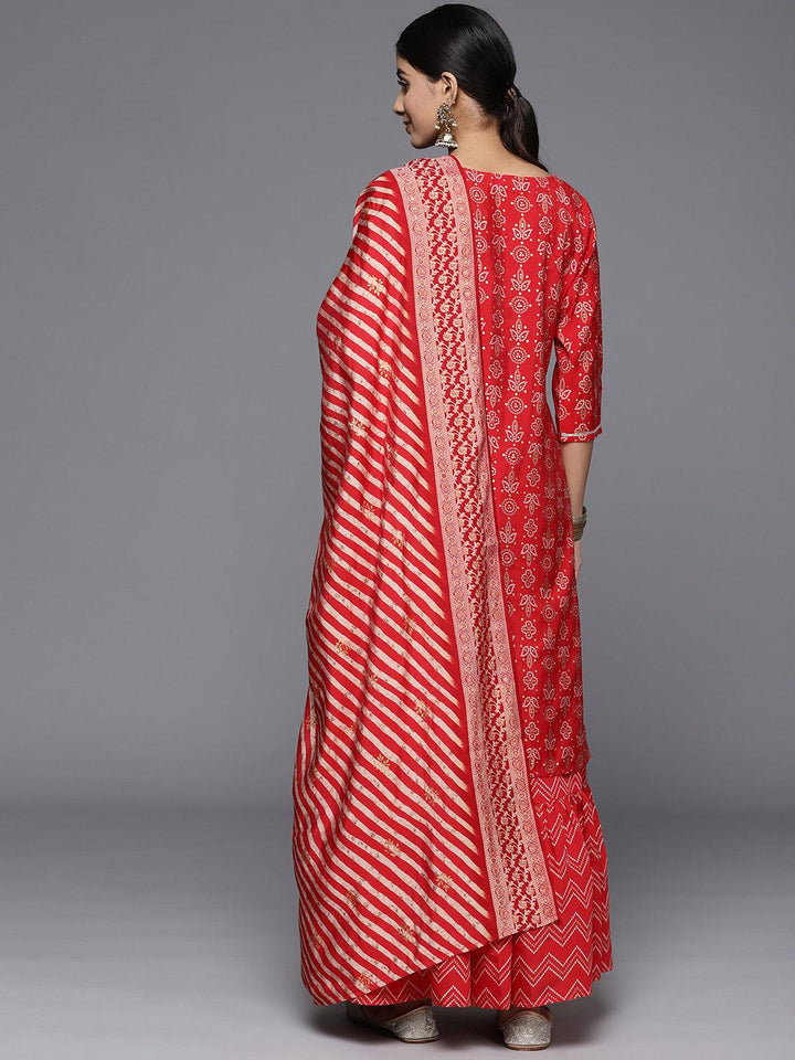 Red Yoke Design Silk Blend Straight Kurta With Skirt & Dupatta - Libas