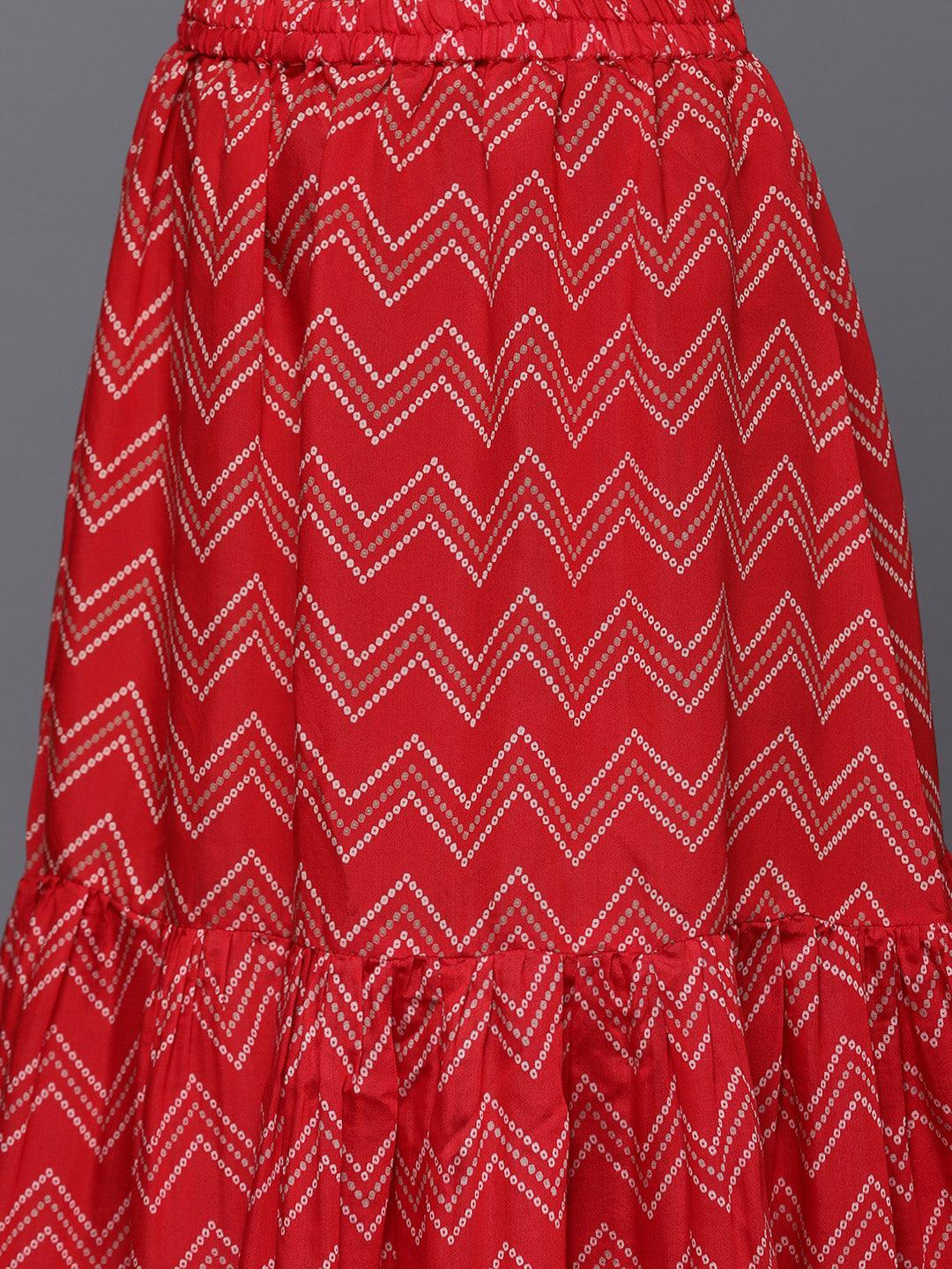 Red Yoke Design Silk Blend Straight Kurta With Skirt & Dupatta - Libas 