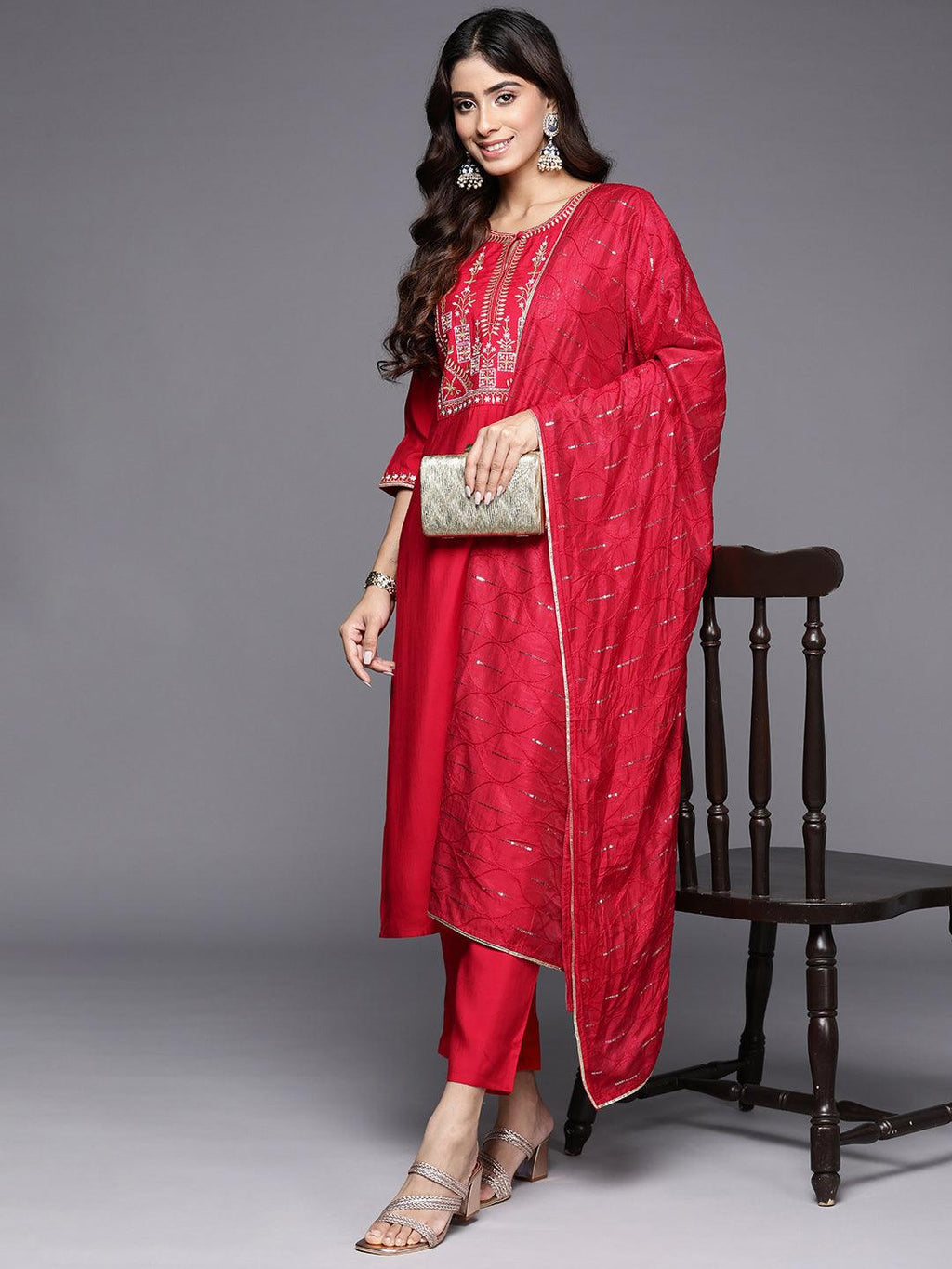 Buy Coral Yoke Design Cotton Straight Kurta With Trousers & Dupatta Online  at Rs.1644