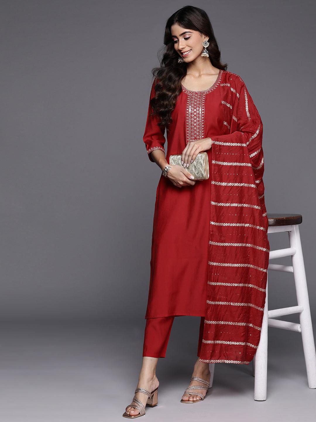 Red Yoke Design Silk Blend Straight Kurta With Trousers & Dupatta - Libas